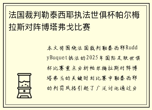法国裁判勒泰西耶执法世俱杯帕尔梅拉斯对阵博塔弗戈比赛